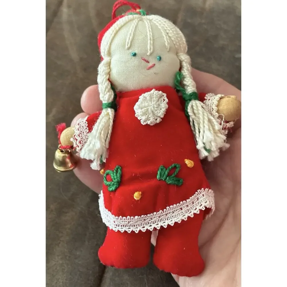 Vtg Cloth Santa Curly Beard & Kurt Adler 70’s Female Thread Gold Bell Lace Emb